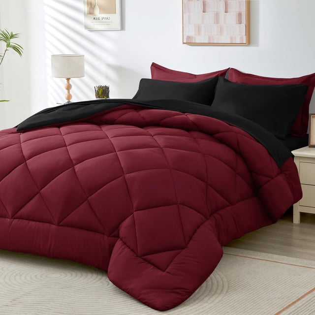 Juego de edredón HEVUMYI rojo y negro Queen de 7 piezas para todas las estaciones