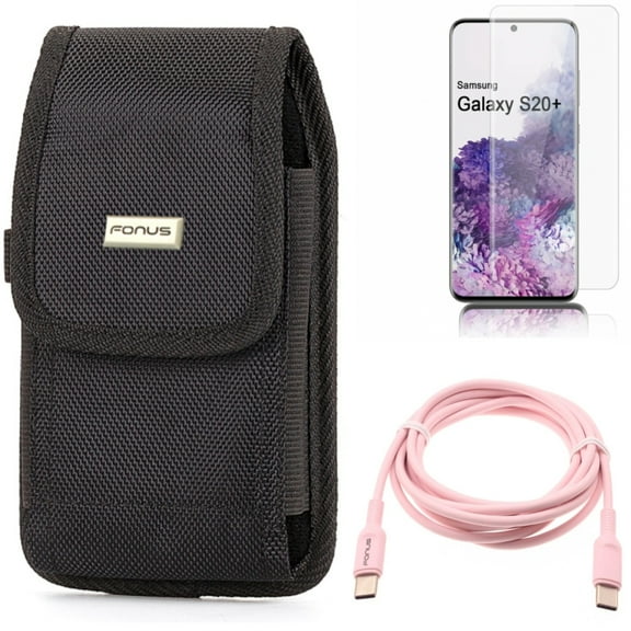 Pink 6ft Long Cable w Case Belt Clip w Screen Protector for Samsung Galaxy S20 Plus - USB-C to Type-C PD Fast Charger Cord, Rugged Holster Canvas, Tempered Glass [Fingerprint fits Galaxy S20 Plus
