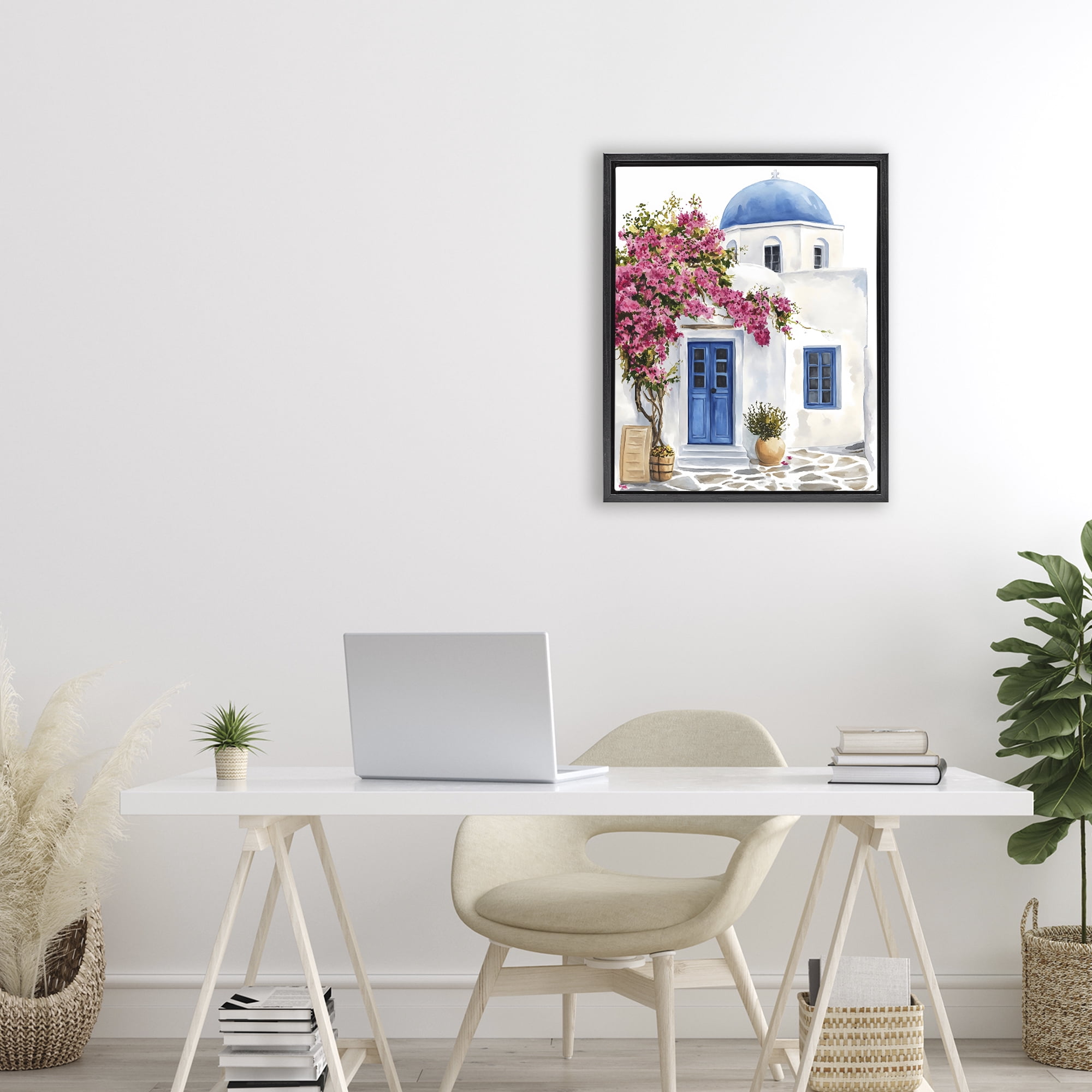 Stupell Industries Santorini House with Bougainvillea Black Framed Floater Canvas Wall Art, design by LSR Design Studio