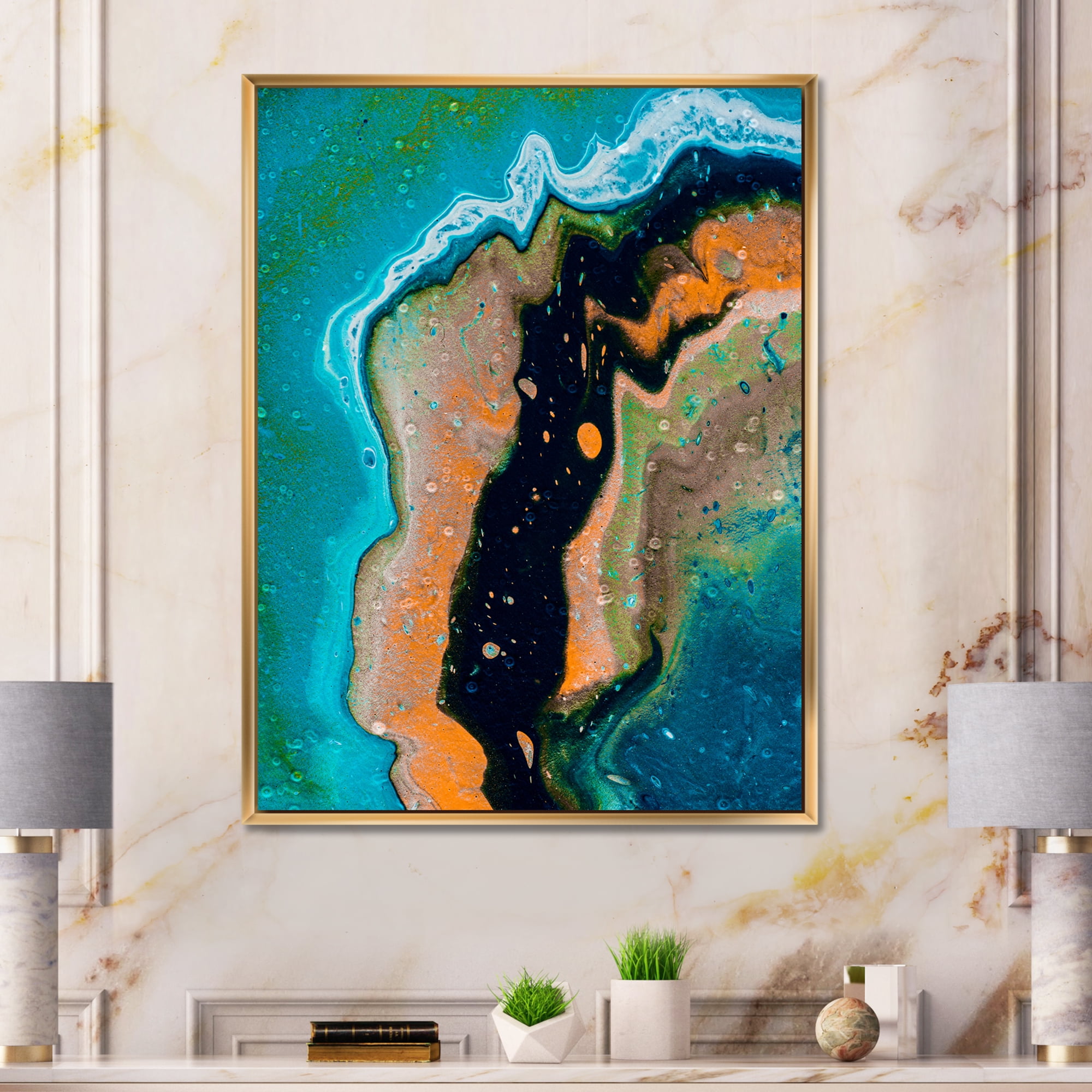 Designart 'Abstract Composition In Black and Orange' Modern Framed Canvas Wall Art Print