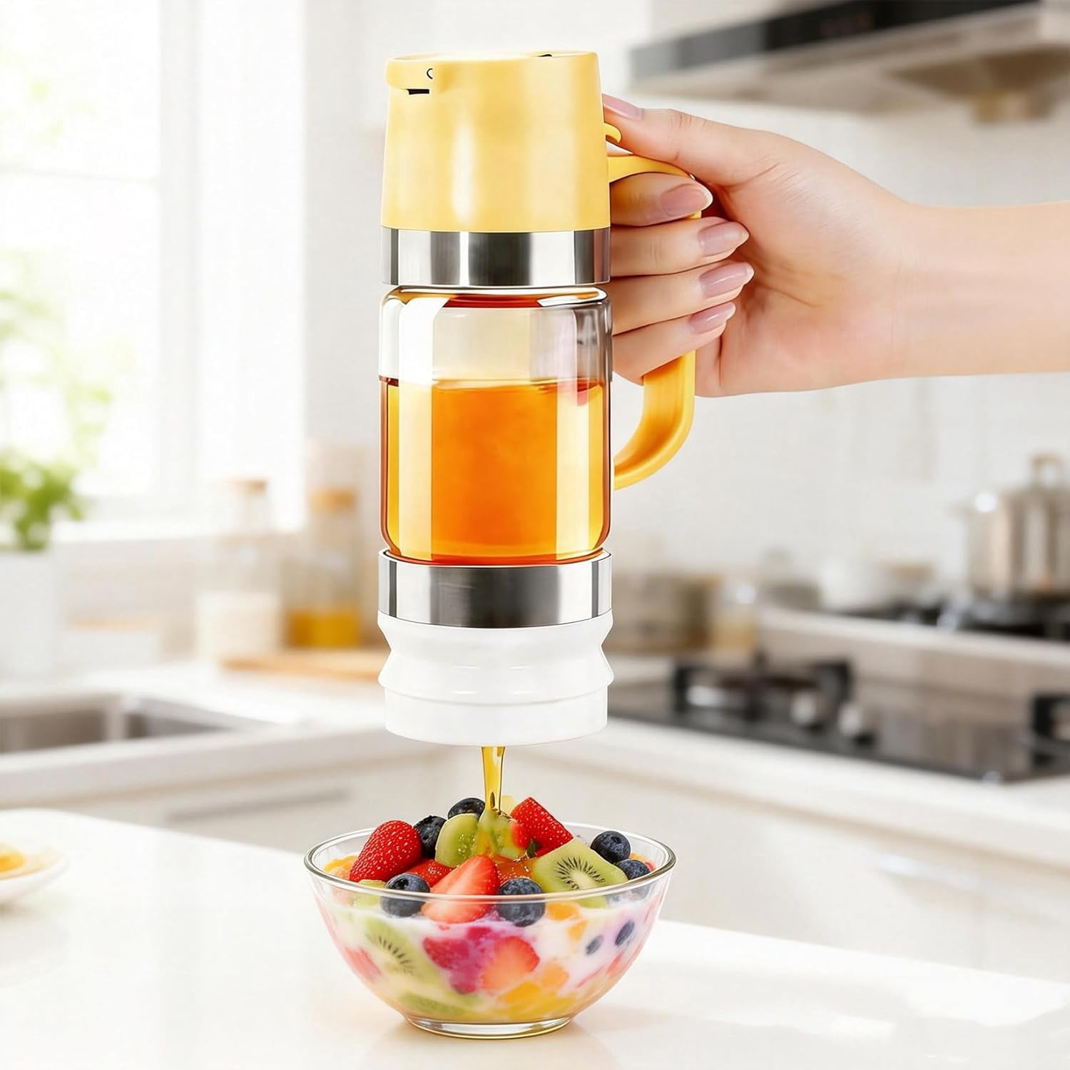 Glass Honey Dispenser, Honey Dispenser No-Drip, Pneumatic Squeeze Bottle with Handle & Silicone Base, Bottom Outlet Removable Easy Cleaning for Honeys, Syrup (Black-Upgrade)