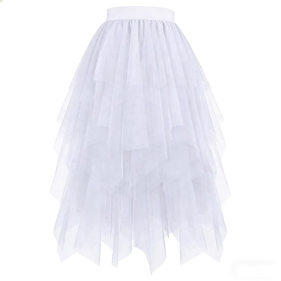 BLTIBY Girls Tulle Skirts High Low Layered A-line Midi Skirt Irregular Tutu Skirts White 10-11Years