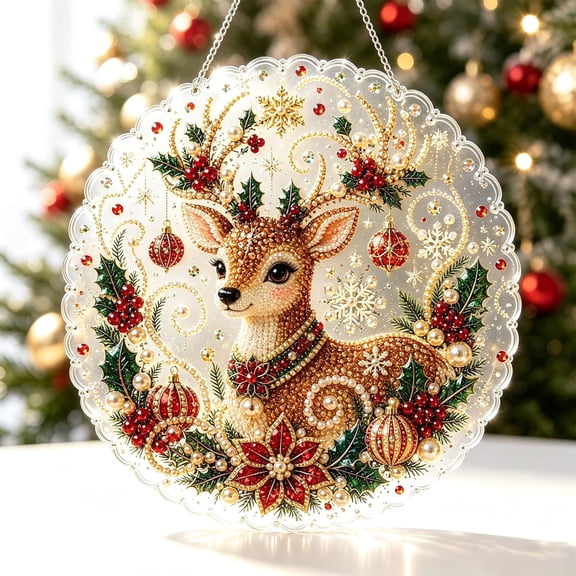 Diamond Painting Art Kit, Christmas Pearl Diamond Art Hanging Decor, DIY Gem Craft for Window Door Mantel and Interior Wall