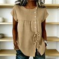 thumbnail image 2 of Ahdbta Womens Cotton Linen Tops Summer Short Sleeve Round Neck Button Babydoll Shirts Casual Loose Fit Cute Peplum Blouse, 2 of 6
