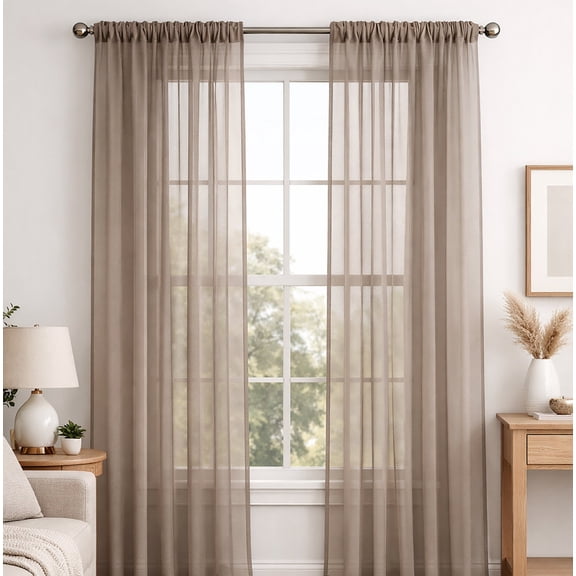 Taupe Sheer Window Rod Pocket Curtain Set - 90" Inches Long (2 Panels)