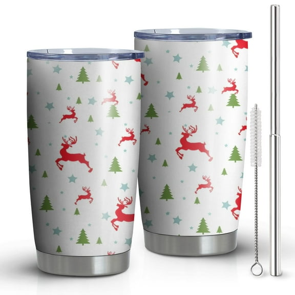 20oz Tumblers White Christmas Reindeer and Tree Pattern Stainless Steel Vacuum Insulated Double Wall Travel Tumbler Cups Mug with Lid and Straw,Cleaning Brush for Cold & Hot Drinks