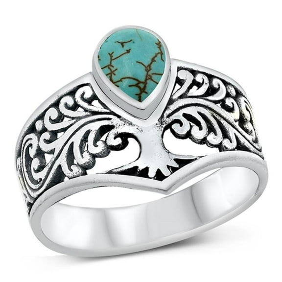 Tree of Life Cutout Ring Simulated Turquoise .925 Sterling Silver Band Blue CZ Female Size 10