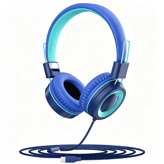 GJX Usb Type C Kids Headphone for School,94Db Safe Volume Limited,Hd Stereo Sound,Foldable Lightweight On-Ear Headphones for Boys/Girls/Students/Tablet/Travel(Dark Blue)