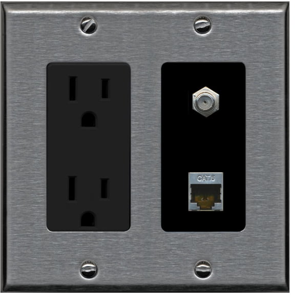 RiteAV - 15 Amp Power Outlet 1 Port Coax Cable TV- F-Type and Shielded Cat6 Ethernet Wall Plate - Stainless/Black