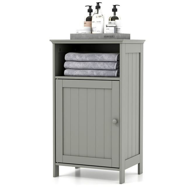 Patiojoy Armoire de Salle de Bain pour Plancher Armoire Latérale à Porte Simple avec Compartiment Ouvert et Tablette Réglable à 3 Positions Gris