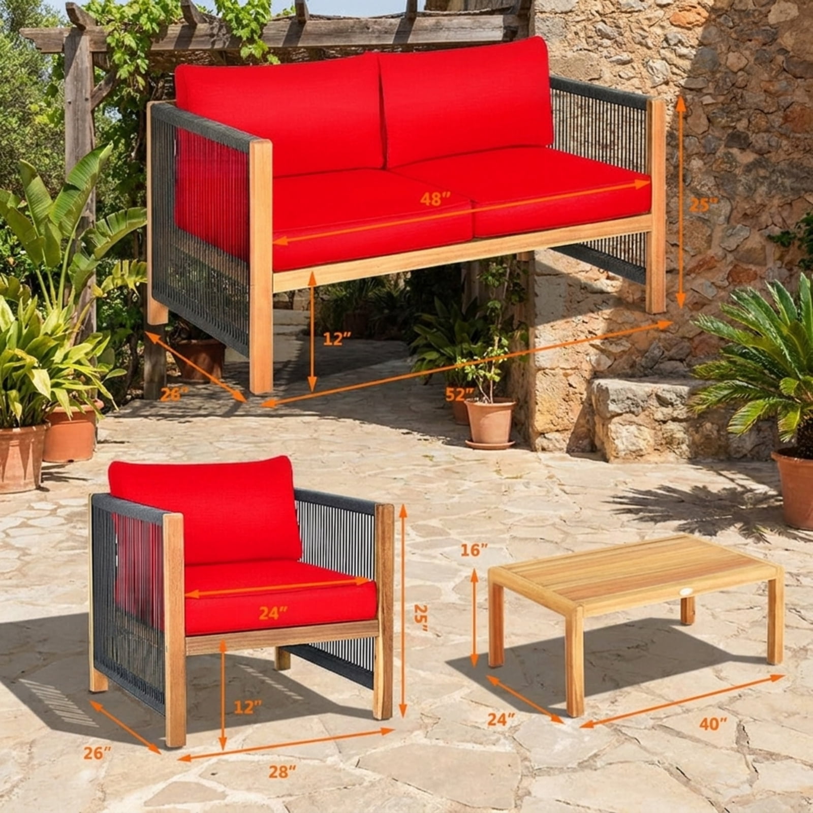 Furnibear 4 Piece Outdoor Patio Furniture Set Acacia Wood Conversation Set with Cushioned Loveseat Chairs and Coffee Table for Backyard, Red