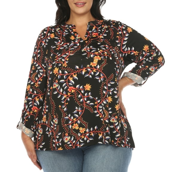 White Mark Women's Plus Size Floral Button Front Tunic Top
