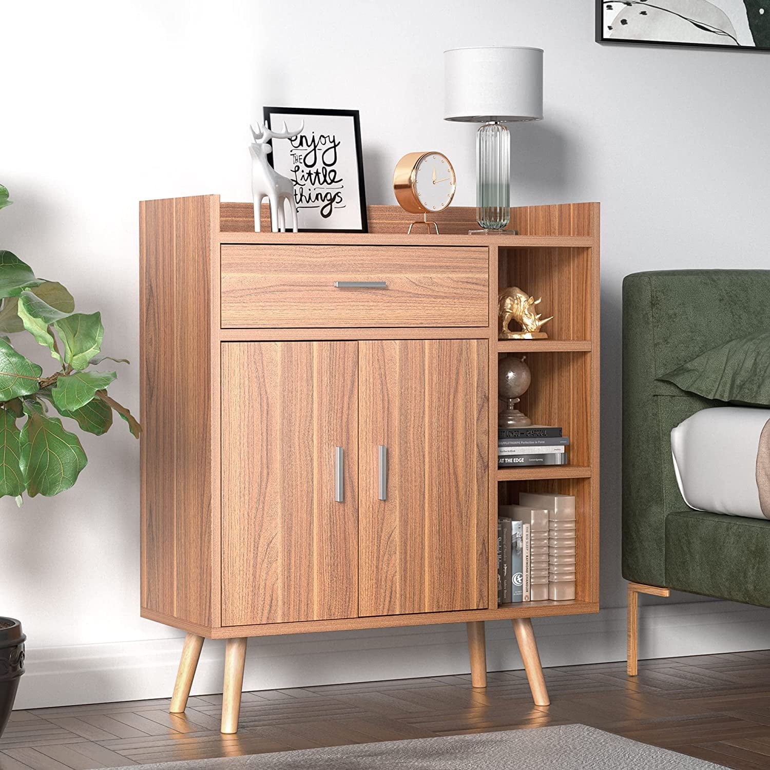 Cozy Castle Walnut Small Storage Cabinet with 1 Drawer and 2 Doors, Freestanding Coffee Bar Cabinet for Kitchen and Hallway, Office Storage & Organization