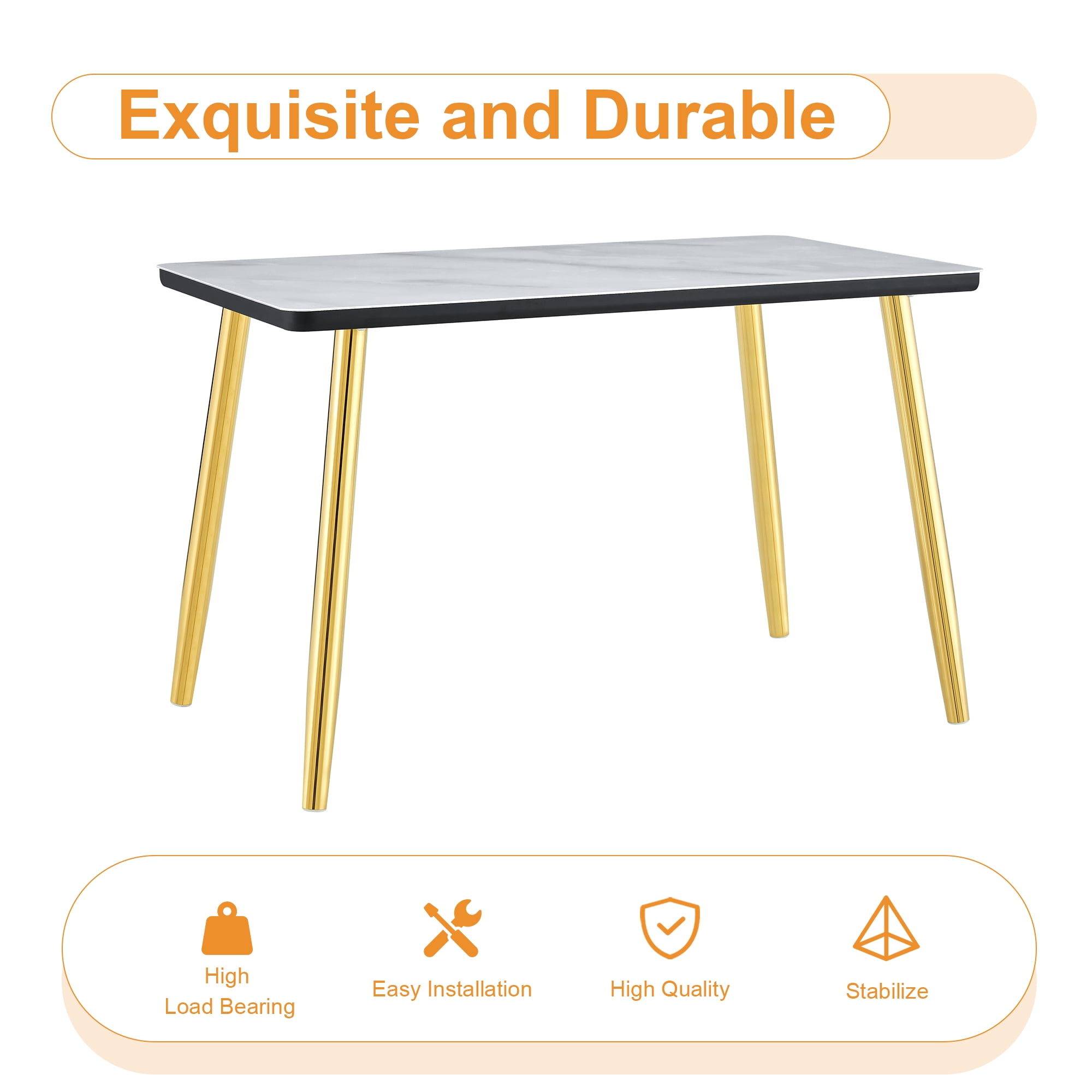 Mintazer 47.3 Inch Modern White Marble Vein Rectangular Dining Table with Tempered Glass Top & Black Table Edge, Minimalist Kitchen Table for 4-6 People, White & Gold