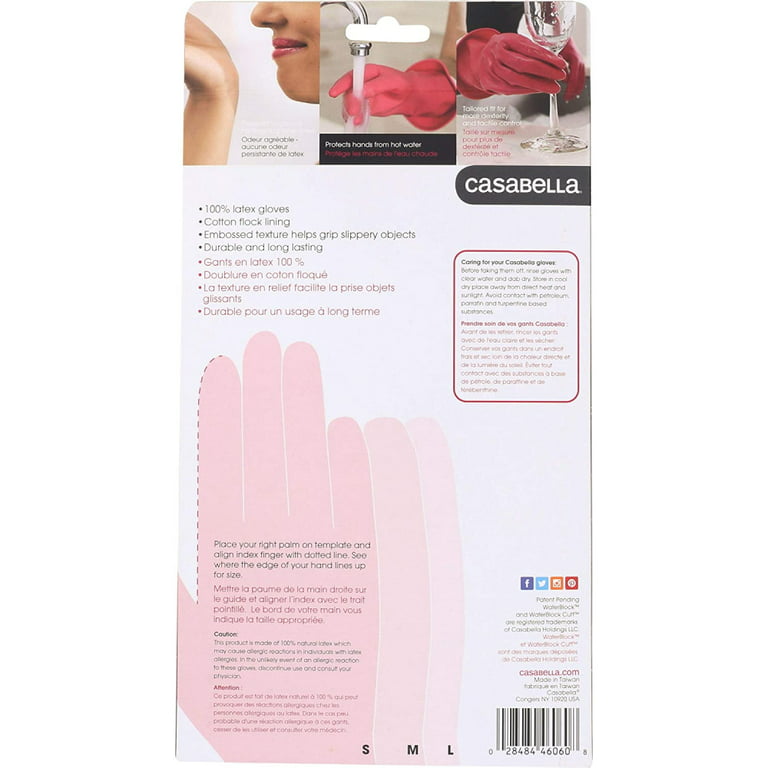Casabella Waterblock Rubber Latex Gloves Turnback Cuff Cotton Lining Pink Large, 2-Pack