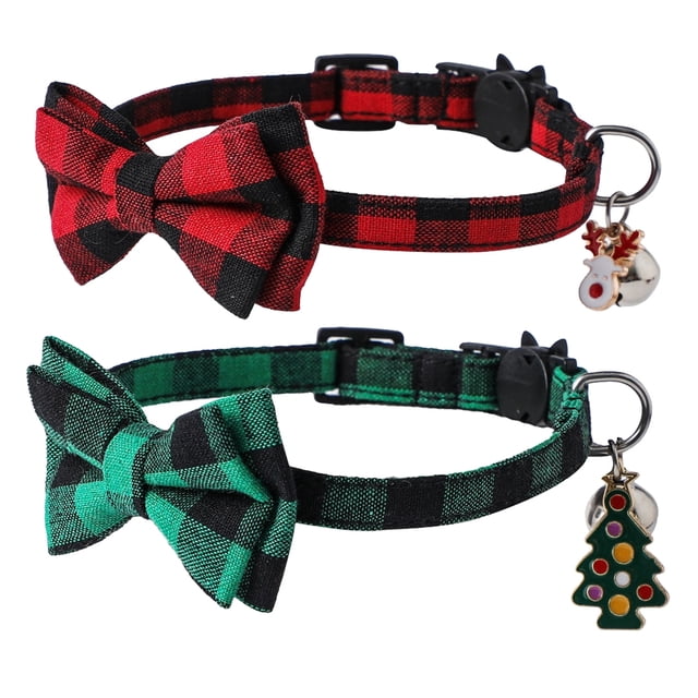 2 Pack Christmas Dog Collar, Classical Buffalo Plaid Dog Collars with Removable Bow Tie, Adjustable
