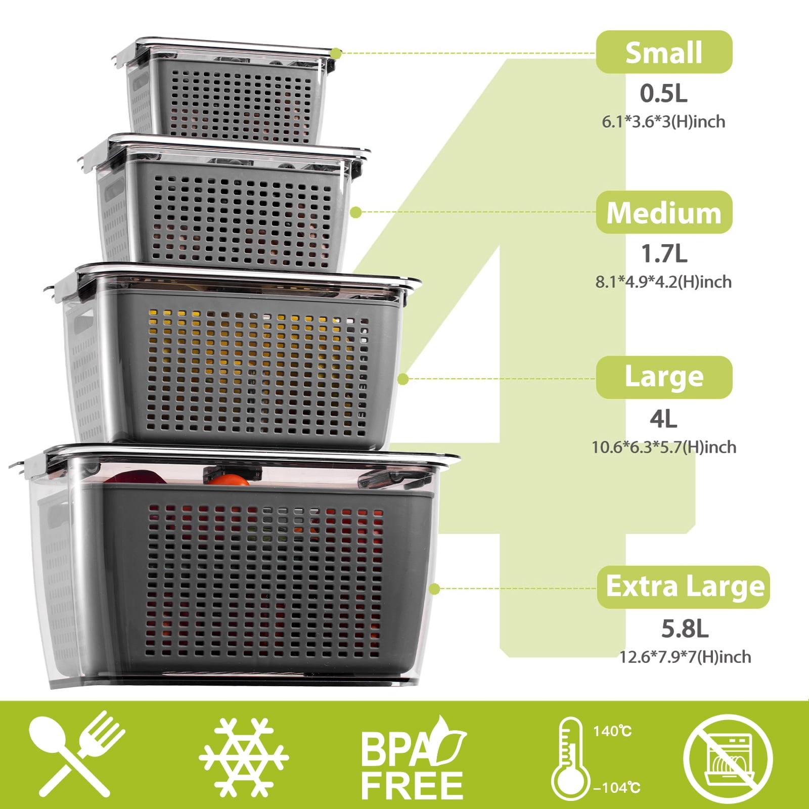 LUXEAR 4 Pack Vegetable Storage Containers for Fridge, Fruit Container with Lids &Removable Colander Large Fridge Organizer BPA-free for Fruit Vegetable, Berry, Meat Storage keep Fresh Longer Gray