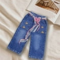 thumbnail image 6 of SERTG Girls Straight Wide Leg Jeans Loose Fit Bow Tie Belt Elastic Waist Kids Spring Summer Casual Long Pants Everyday Trousers(Blue#5,5-6 Years), 6 of 6