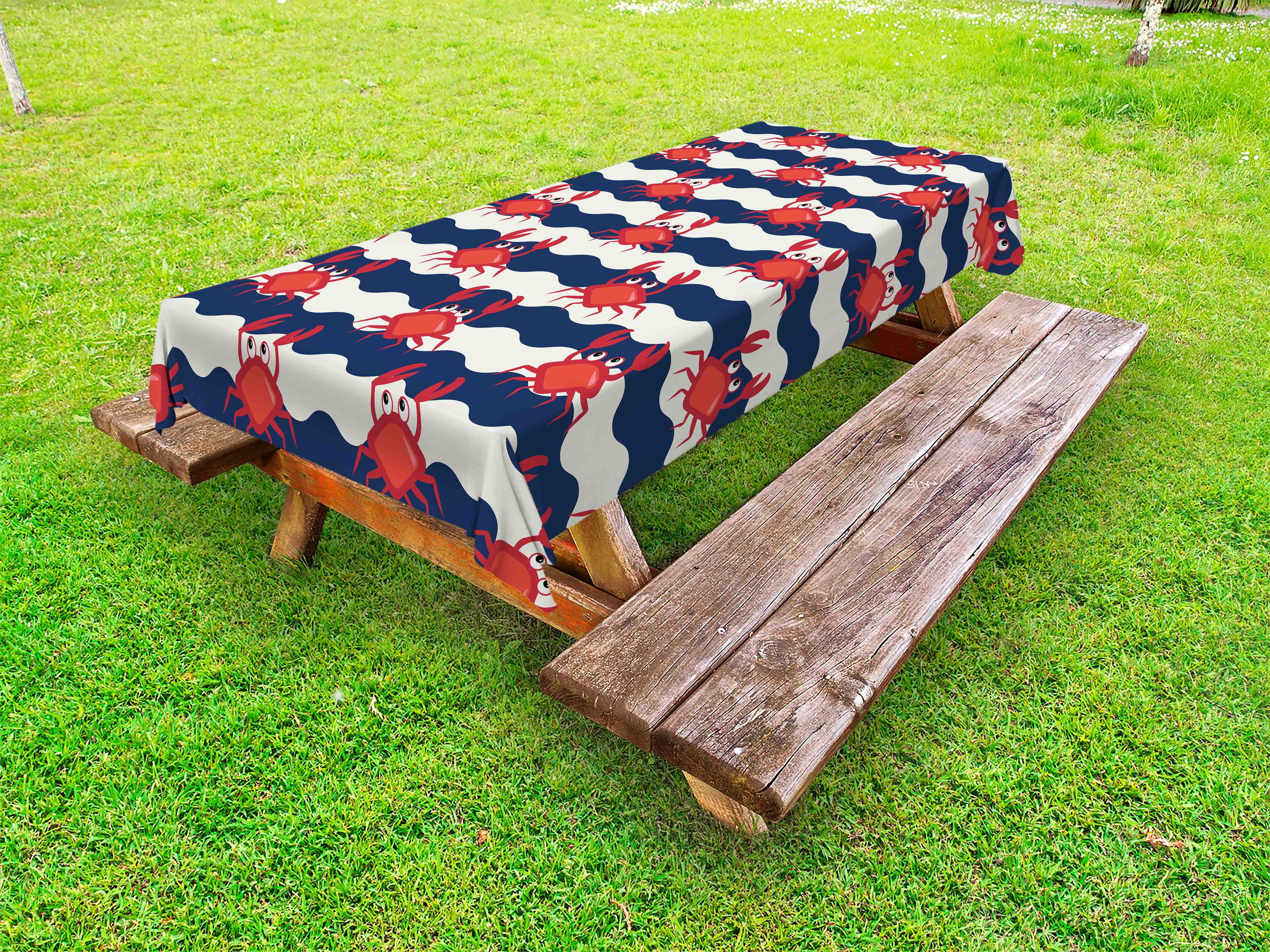 Crabs Outdoor Tablecloth, Nautical Maritime Theme Cute Crabs on Striped Background Illustration