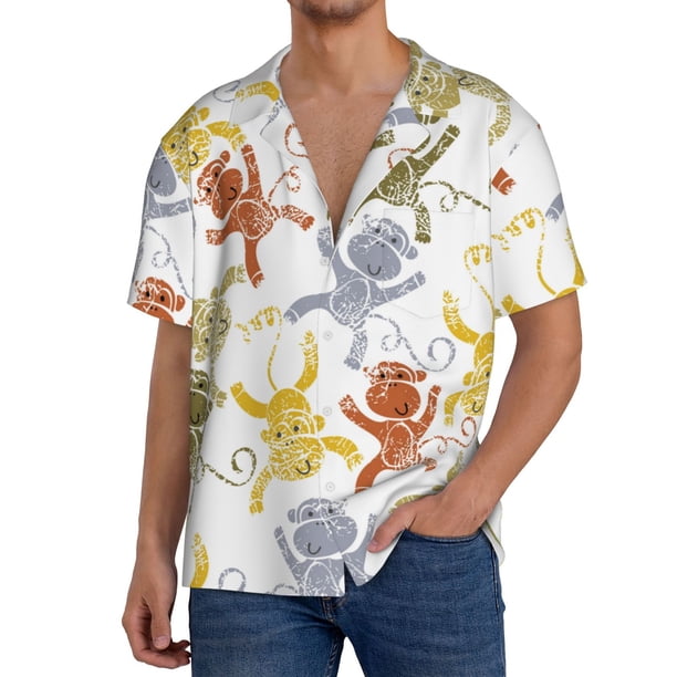Fotbe Cartoon Monkey Camisa Estampada de Manga Corta para Hombre, Casual de Verano, Estilo Playero, Sin Arrugas-XX-Large