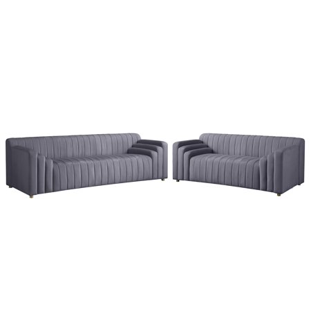 Grey Velvet Channel Tufted Sofa Set 2Pcs NAYA Meridian Contemporary Modern