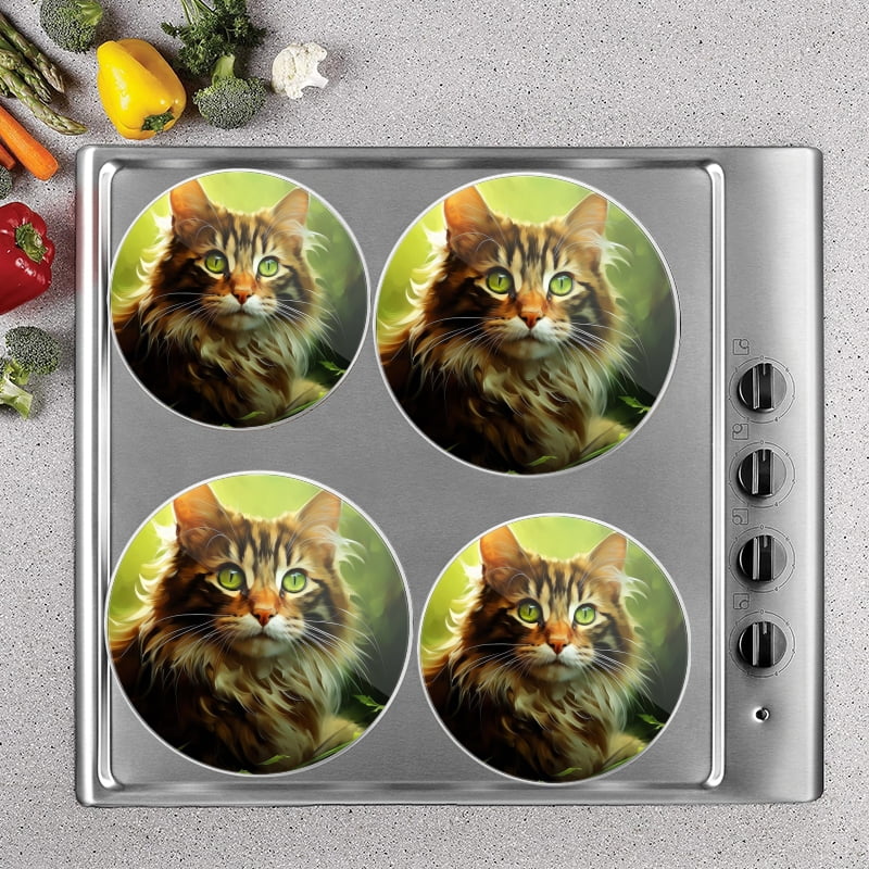 BaHomeck Electric Stove Burner Covers Set of 4,Round Metal Gas Stove Burner Covers 8 Inch and 10 Inch,Kitchen Decor,Adorable Brown And Green Maine Cat With Bright