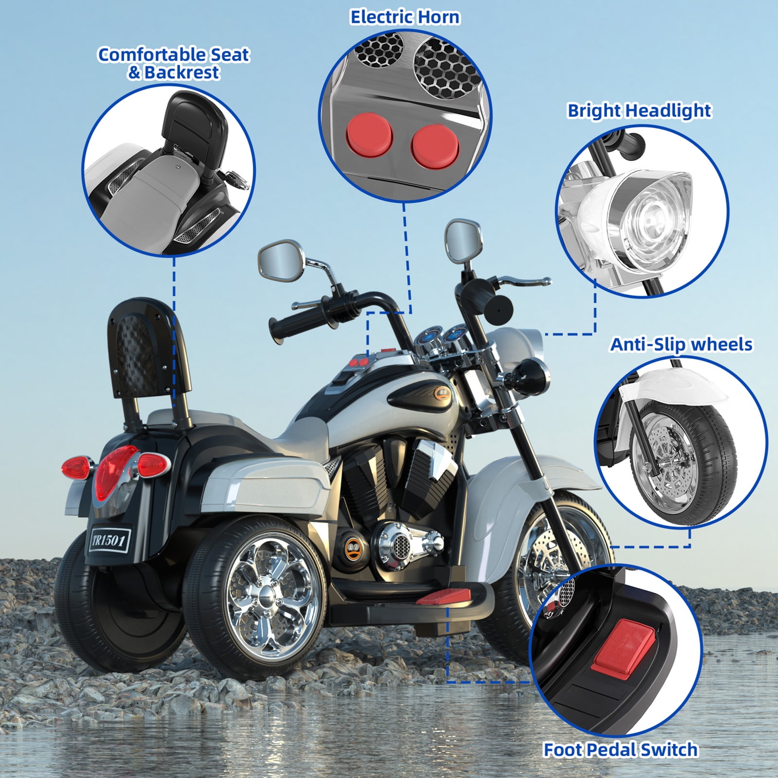 KORIMEFA 3 Wheel Kids Ride On Motorcycle 6V Battery Powered Electric Toy White