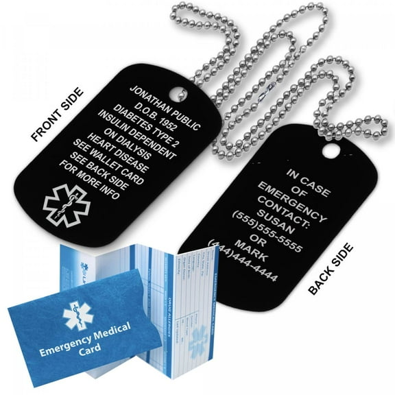 Black Medical Alert ID Dog Tag Anodized Aluminum w. 27" Chain. Incl. 18 Lines of Engraving and Emergency Medical Information Card. Complimentary Access PHR (Personal Health Record)