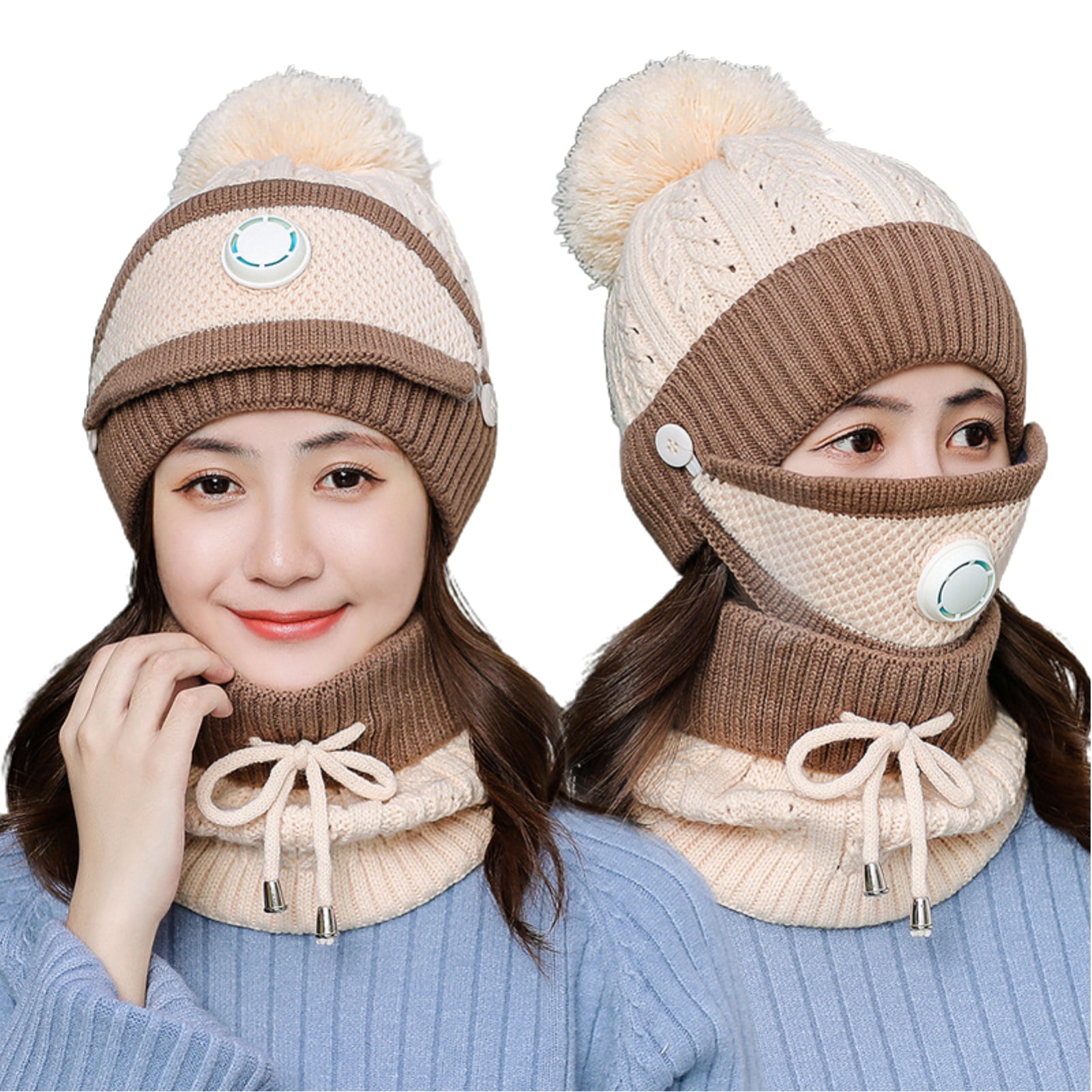 Women Winter Hat Set of 3, Warm Knit Beanie Hat Scarf Mask Set with Fleece Lined Skull Caps Neck Scarves