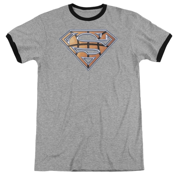 Superman Basketball Shield Adult Ringer T-Shirt Heather Black