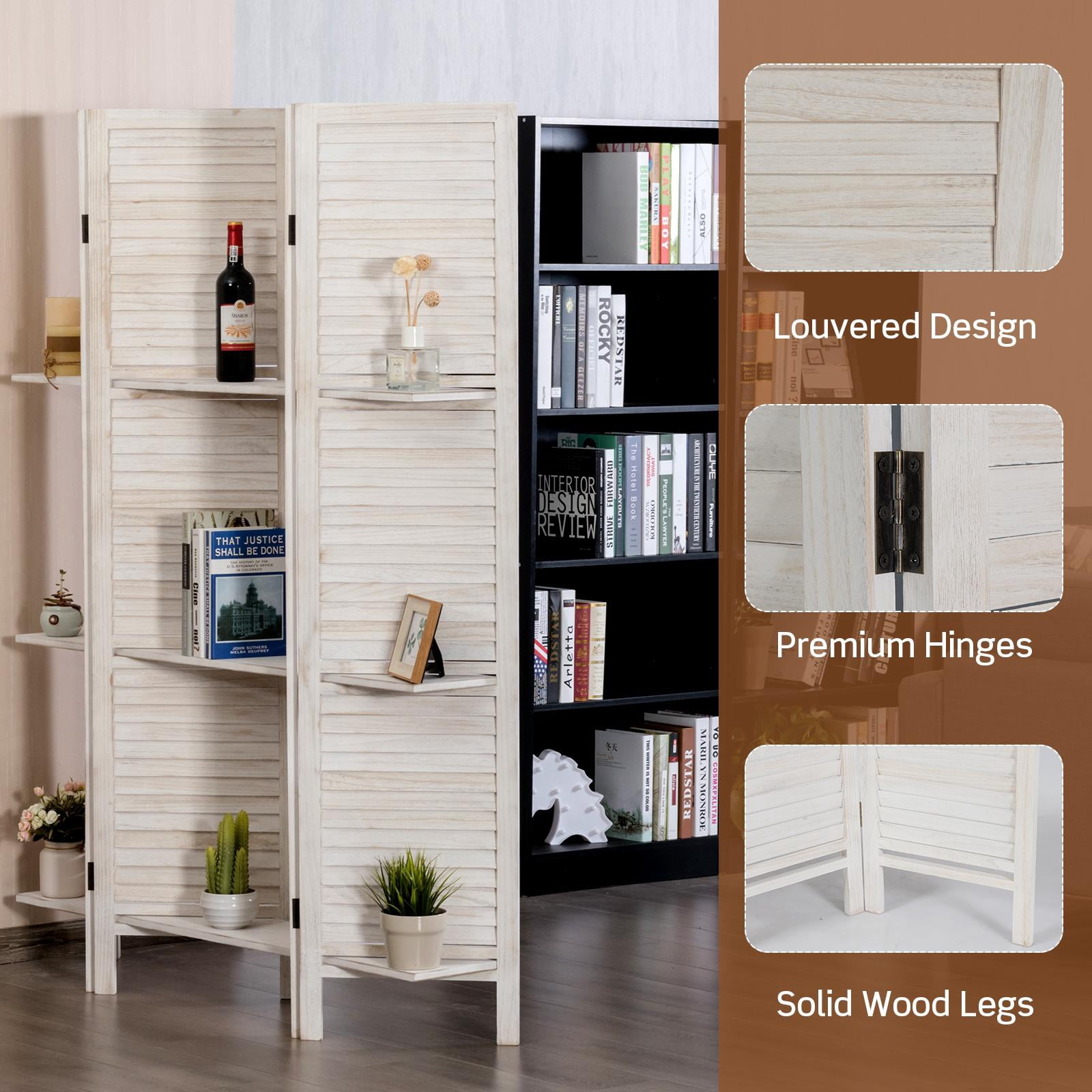 Giantex 4-Panels Wood Room Divider with Display Shelf Folding Privacy Room Dividers Screen for Home Office, 5.6FT, White