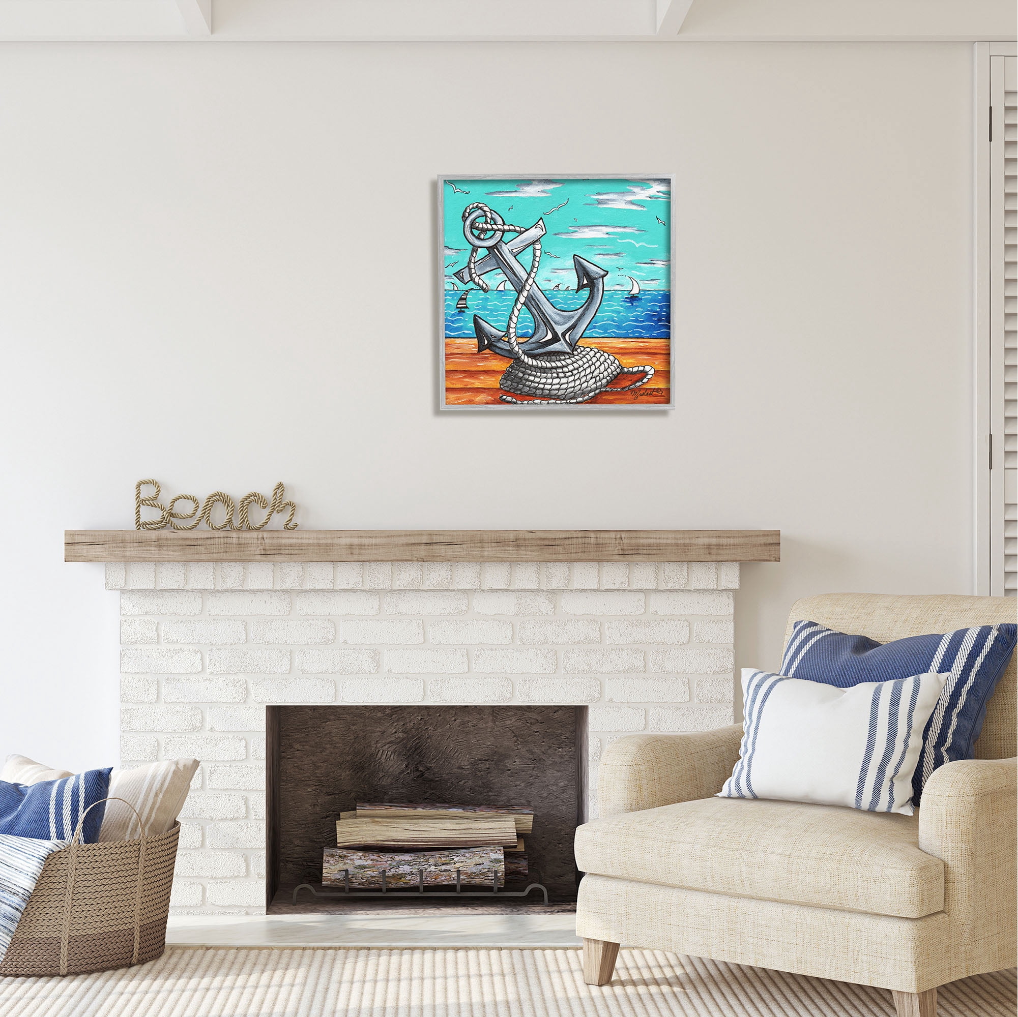 Stupell Industries Maritime Anchor on Beach Nature Painting Gray Framed Art Print Wall Art, 24 x 24