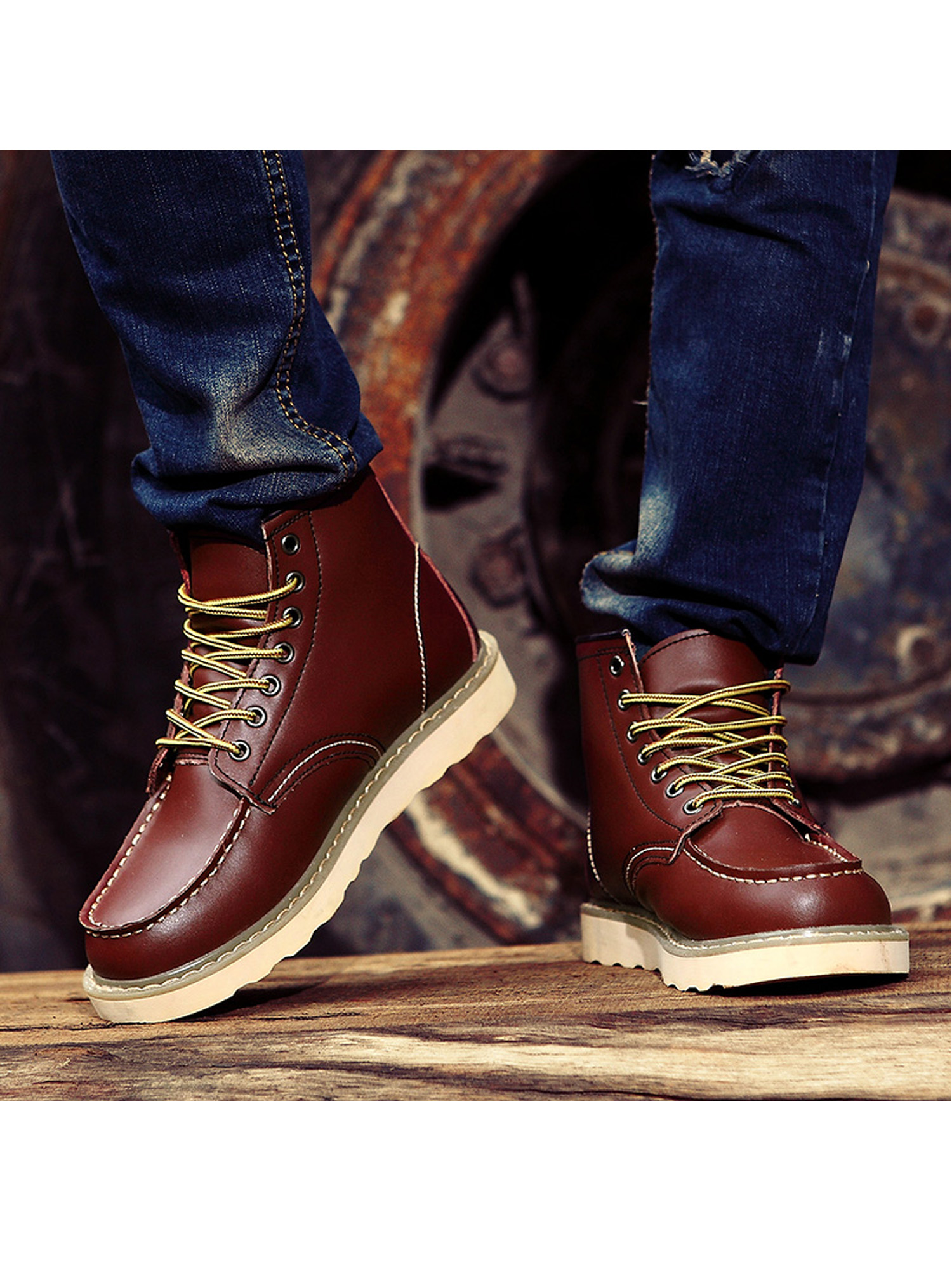 Avamo Men Leather Boots Motorcycle Shoes Boots Shoe Lace-Up Ankle Boot - image 5 of 7
