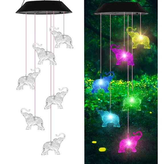 Elephant Solar Wind Chimes for Outside,Birthday Gifts for Mom Grandma,Waterproof LED Solar Powered Memorial Wind Chimes with 7 Color Changing for Garden Outdoor Yard Lawn Decor