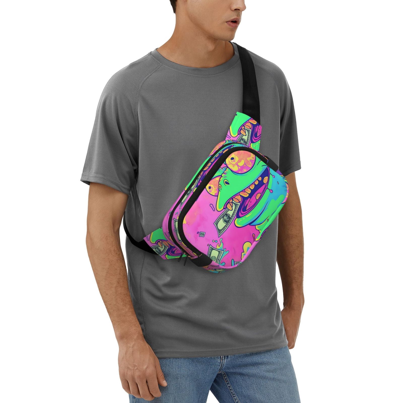 Picia Psychedelic Cartoon Frog Print Square Double-Layer Waist Bag Mini Adjustable Waist Belt Bag Exercise Running Travel Hiking