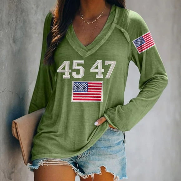 Doriano Retro "45 47 for President" V-Neck Sweatshirt for Women - Vintage-Inspired Casual Comfort, Green, S
