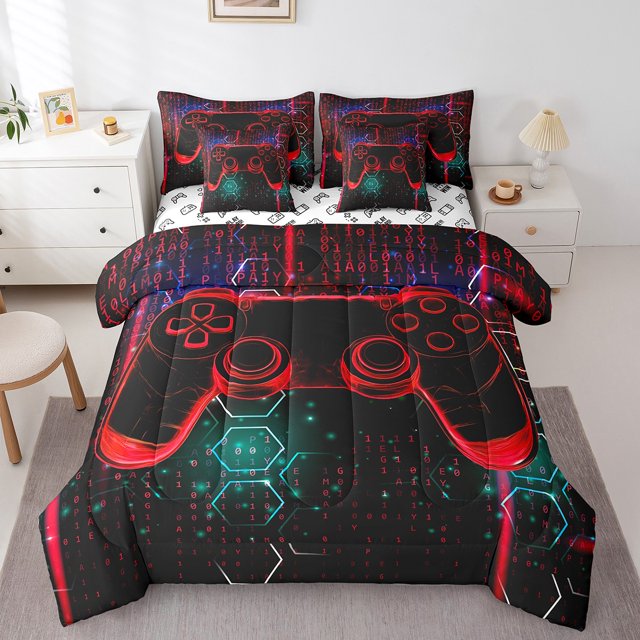 Erosebridal Video Game Bedding Sets Twin Size,Geometric Hexagon Comforter Sets with Sheets,Gradient Decor,Reversible,7pcs