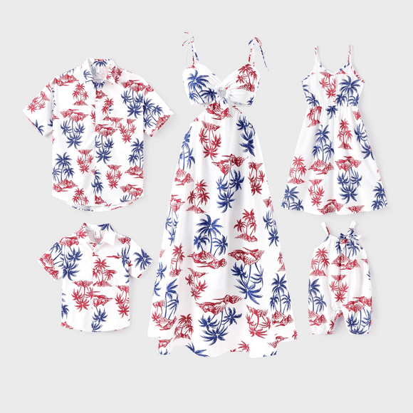 PatPat Independence Day 4th of July Matching Family Outfits Red & Blue Palm Tree Print Hawaiian Vacation Clothes Summer Beach Shirt & Dress Set