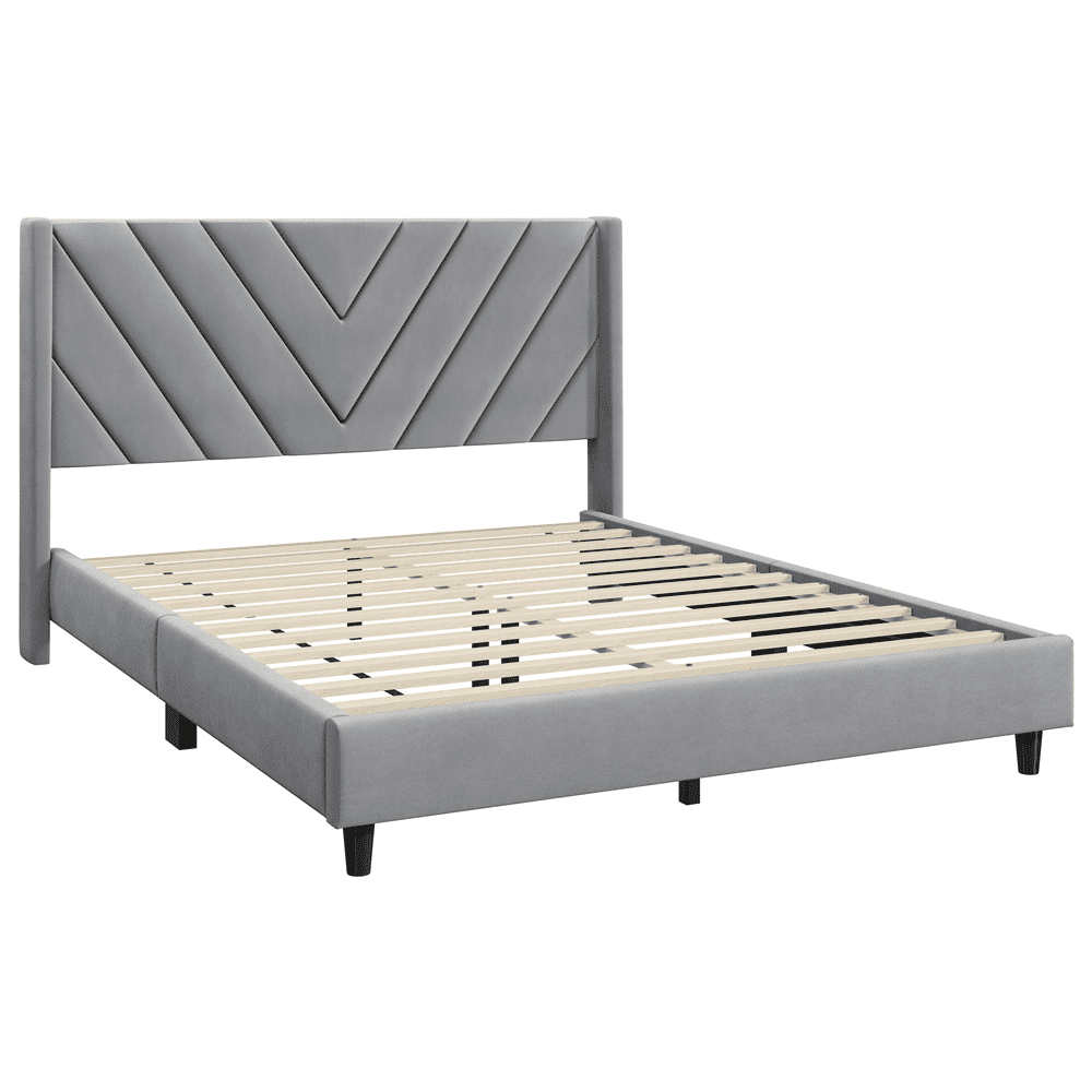 Fullfurnique Upholstered Platform Bed Frame with Wooden Slat Support, Full, Light Gray