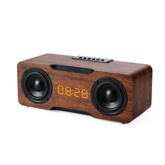 VOLTSTECH Portable Retro 24W Dual Amplifier Bluetooth 5.0 Wooden Computer Wireless Speaker Display Alarm Clock for Home Outdoor Travel FM Radio