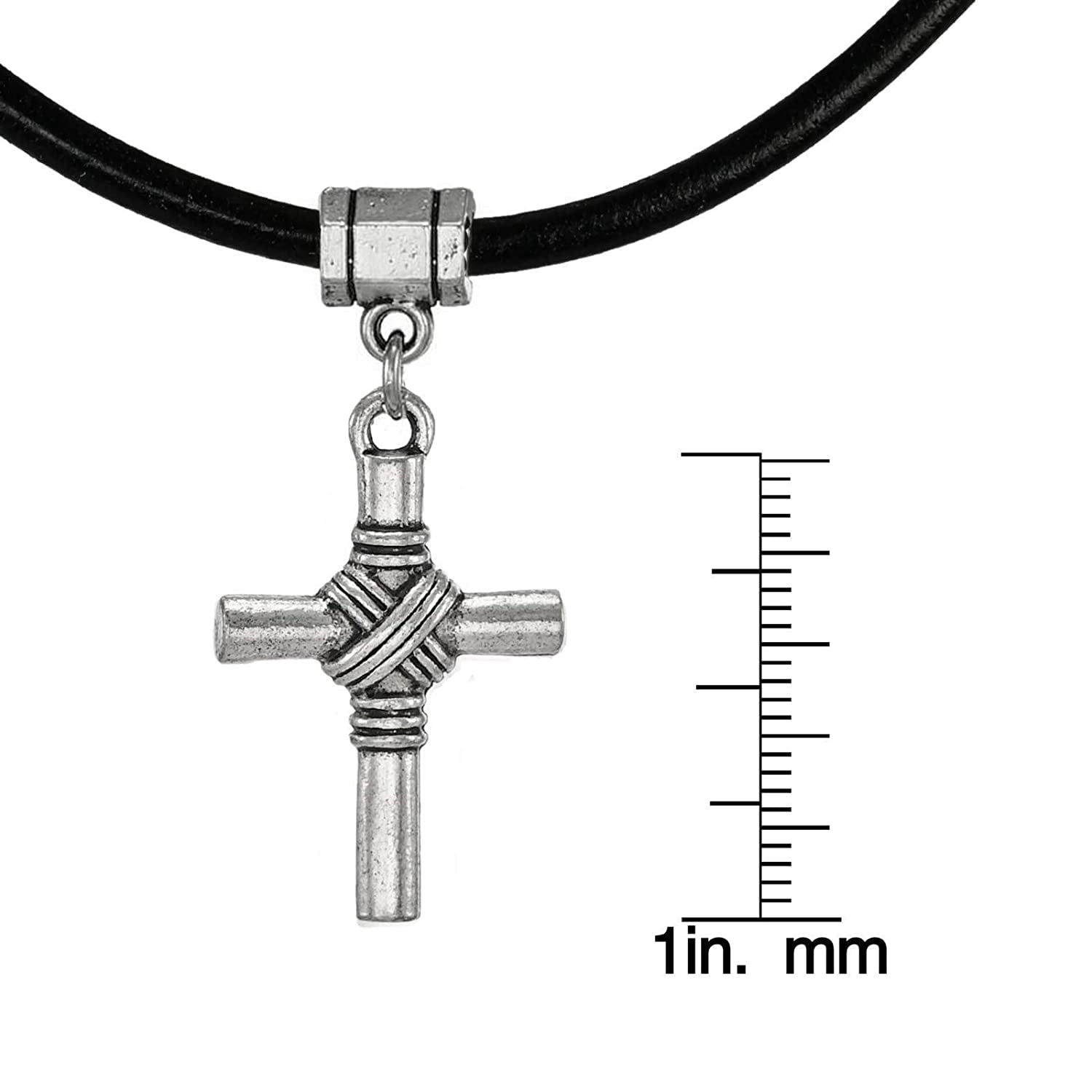 Modern Unisex Pewter Cross & Black Greek Leather Cord Necklace 20 inch