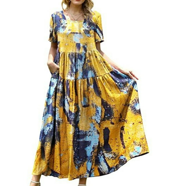 Bellella Robes Maxi pour Femmes Col Rond Longue Robe Imprimé Floral Robe d'Été Aguichant Manches Courtes Image de Vacances Couleur 11 m