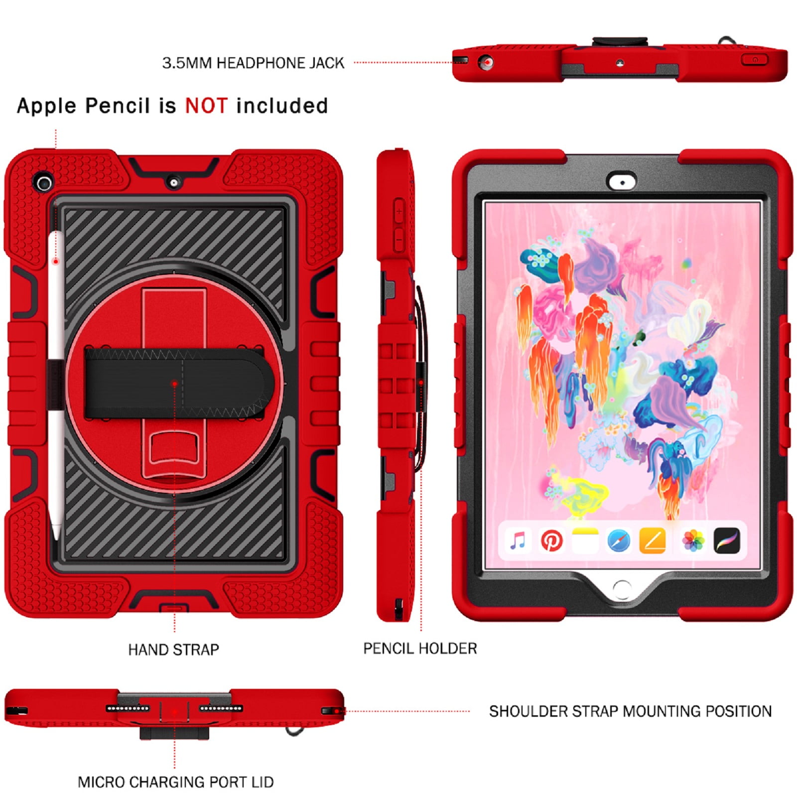 ELEHOLD Rugged Case For Apple iPad 11th(A16) 2025 Three-Layer Hybrid Muti-Functional Case with 360° Rotating Kickstand Pencil Holder Handstrap Shoulder Strap Shockproof Case ,B