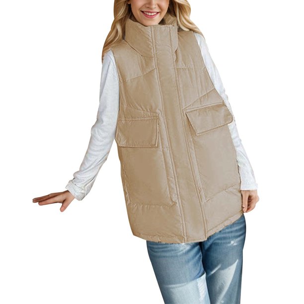 Gibobby Chaleco mujer casual, Chaleco acolchado con cierre y cuello alto para mujer, chaleco acolchado sin mangas, chaleco de burbujas(Beige,M)