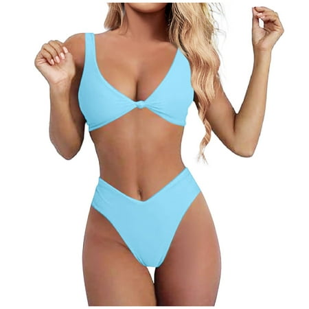 JIANJIA Swim Suits for Women Summer Solid Color Strappy V Neck Knot Front Push Up Bra And Panty Set Two Piece Tankinis Swimwears Bathing Suits Blue M