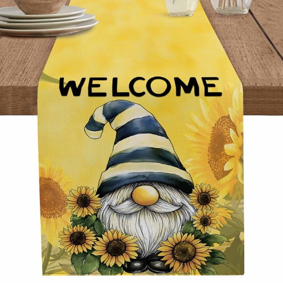 nqOlkjepod Sunflowers Gnomes Table Runner 72 Inches Long Farmhouse Dress Scarves, Summer Yellow Floral Leaf Plant Dining Tablerunner for Coffee Table/Kitchen Island/Party Décor, 18" x 72"