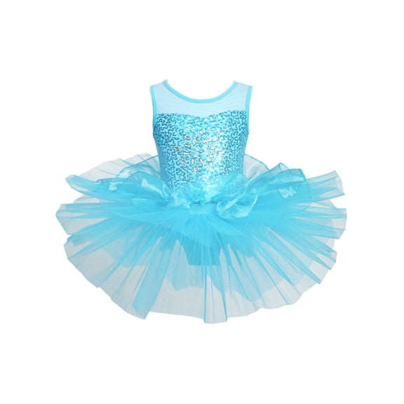 Oyolan Kids Girls Shiny Sequins Ballet Gymnastic Tutu Dress Layered Skirt Skating Performance Costume Blue 8