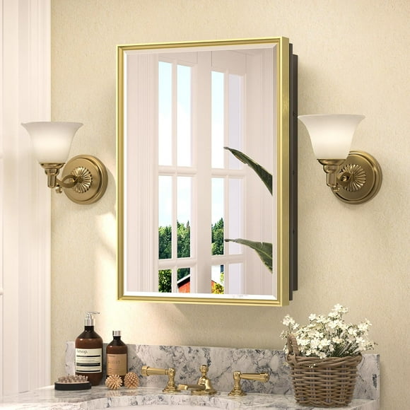 TETOTE Gold Framed Medicine Cabinet with Mirror for Bathroom 17x25 Inch Aluminum Framed Surface or Recessed Wall-Mounted Medicine Cabinets Beveled Mirror with Storage 1 Door Modern Farmhouse