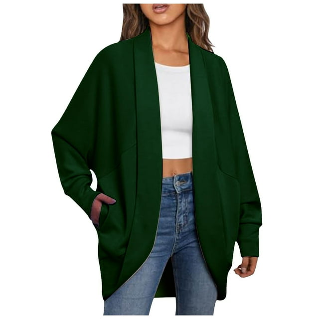 FAIWAD Womens Open Front Cardigan Long Sleeve Knit Plus Size Lightweight Sweater Coat