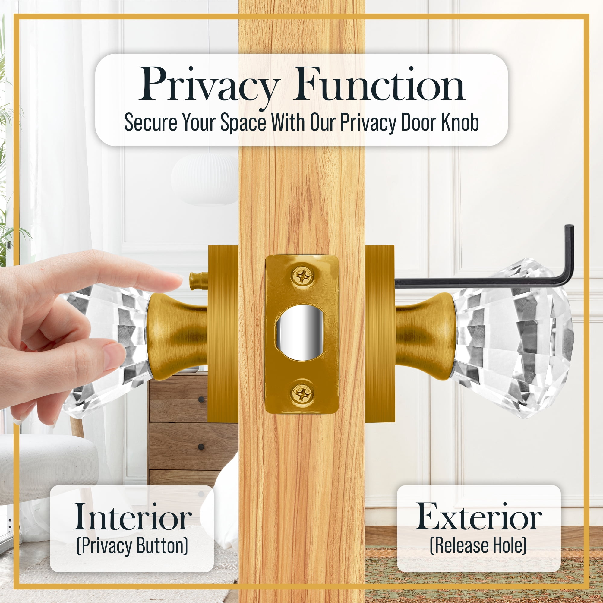 Balin Designs Gold Crystal Door Knobs with Lock, Glass Door Knobs Interior Privacy Set, Square Brass Vintage Decorative Antique Style Handle for Bedroom, Bathroom, Closet, 1 Pack